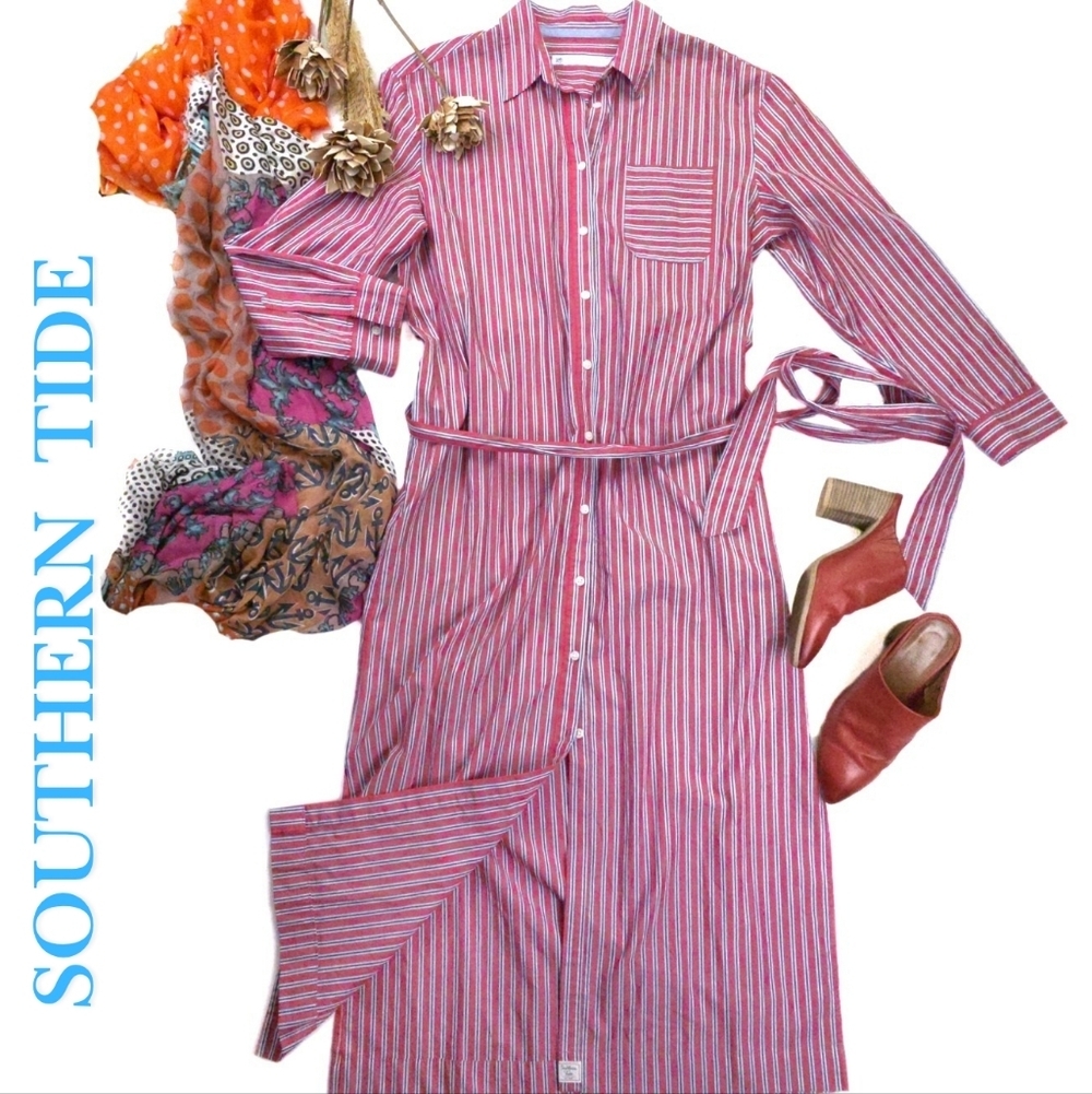 New Southern Tide Striped Red and White Womens Belted Pocketed Maxi Dress Sz S